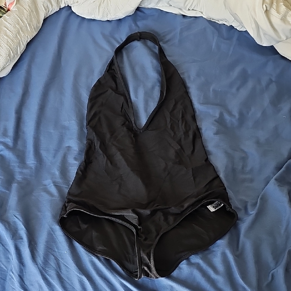 American Apparel Black Halter Low Plunge One-Piece Swimsuit - Large